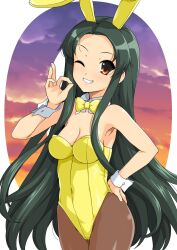 1girl animal_ears arm_up bad_link bare_shoulders breasts brown_eyes brown_pantyhose cleavage commentary_request countdown dark_green_hair grin hand_on_own_hip haruhisky highres leotard long_hair official_alternate_costume ok_sign one_eye_closed pantyhose playboy_bunny rabbit_ears small_breasts smile solo suzumiya_haruhi_no_yuuutsu tsuruya upper_body very_long_hair wrist_cuffs yellow_leotard