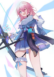 1girl ;d absurdres black_choker blue_eyes blue_jacket blue_skirt bow_(weapon) breasts camera choker commentary_request cowboy_shot from_below hair_between_eyes highres holding holding_bow_(weapon) holding_weapon honkai:_star_rail honkai_(series) imengneko jacket march_7th_(honkai:_star_rail) medium_hair multicolored_eyes one_eye_closed open_mouth pink_hair pleated_skirt shirt sidelocks simple_background skirt smile solo thigh_strap tied_jacket two-tone_eyes weapon white_background white_shirt