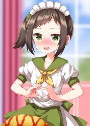 1girl apron blurry blurry_background blush brown_hair commentary_request cowboy_shot day food green_apron green_eyes green_sailor_collar green_scrunchie hair_ornament hair_scrunchie heart heart_hands highres hyoudou_yuuko indoors kitanai_kimi_ga_ichiban_kawaii looking_at_viewer maid_headdress neckerchief nervous_smile nose_blush omelet omurice one_side_up open_mouth puffy_short_sleeves puffy_sleeves ruu_(tksymkw) sailor_collar school_uniform scrunchie serafuku shirt short_hair short_sleeves sidelocks smile solo sweatdrop waist_apron white_shirt yellow_neckerchief