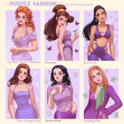 Rule 34 | 1970s fashion, 6+girls, ?, bikini, bikini top only, black hair, blonde hair, breasts, brown hair, cleavage, clothing cutout, commentary, copyright name, courtney shayne, curly hair, daphne blake, dark-skinned female, dark skin, dress, earrings, english commentary, euphoria (2019), fashion, flower, glitter, gracie hart, green scarf, hairband, hercules (1997 movie), high ponytail, highres, holding, holding flower, hoop earrings, jawbreaker (1999), jewelry, julianne porter, long hair, looking at viewer, luztapiaart, maddy perez, megara (disney), midriff, miss congeniality, multiple girls, my best friend&#039;s wedding, neckerchief, orange hair, pants, ponytail, purple bikini, purple dress, purple neckerchief, purple pants, purple shirt, purple theme, scarf, scooby-doo, shirt, swimsuit
