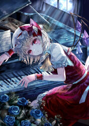 1girl absurdres beret blue_flower blush bow closed_mouth dress flandre_scarlet flower hat highres instrument looking_at_viewer lying on_side piano red_bow red_dress red_eyes sheet_music shirt short_hair solo suzushina touhou white_shirt wings