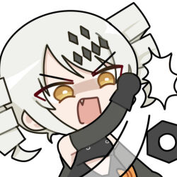 Rule 34 | 1girl, bare shoulders, black gloves, bright pupils, chibi, chibi only, chinese commentary, commentary request, drill hair, euyueuy, gears, gloves, karenina: ember (pgr), karenina (pgr), official art, open mouth, punishing: gray raven, short hair, simple background, slapping, solo, twin drills, upper body, v-shaped eyebrows, white background, white hair, white pupils, yellow eyes