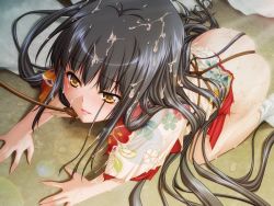 1girl anim_(company) arm_support ass bdsm between_buttocks black_hair bondage bound bukkake cum cum_on_body cum_on_clothes cum_on_hair cum_on_lower_body cum_on_upper_body cum_pool female_focus game_cg japanese_clothes kiryuu_sakuya_(niehime) kneeling leash light_rays long_hair niehime_-sengoku_kanraku_emaki- open_mouth rope socks solo sunbeam sunlight teeta_j traditional_clothes white_socks yellow_eyes