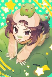 Rule 34 | 1girl, :p, absurdres, all fours, aqua background, backwards hat, bandaid, bandaid on face, bandaid on nose, baseball cap, bethy, brown eyes, brown hair, closed mouth, commentary, commission, commissioner upload, english commentary, eyelashes, fingernails, frog, frog on head, from above, full body, green bandaid, green overalls, green suspenders, hat, highres, hood, hood down, hoodie, indie virtual youtuber, knee pads, light blush, long sleeves, looking at viewer, looking up, medium hair, nose, oji25, overalls, pink hat, pink hoodie, second-party source, shoes, short twintails, sidelocks, sleeves past wrists, smile, solo, star (symbol), tomboy, tongue, tongue out, twintails, virtual youtuber