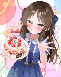 1girl absurdres birthday_cake blue_bow blue_dress blush bow brown_hair cake character_name collarbone collared_dress commentary_request cream cream_on_face dress fella_(vpffk0731) food food_on_face grin hair_bow half_updo hand_up happy_birthday highres holding holding_tray idolmaster idolmaster_cinderella_girls looking_at_viewer pleated_dress short_sleeves smile solo strawberry_cake tachibana_arisu tray