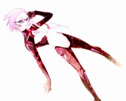 1girl 88_(488) apple_inc. bodysuit breasts female_focus glasses headset long_hair personification purple_eyes purple_hair side_ponytail siri small_breasts smile solo