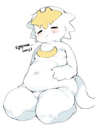 1girl blush body_fur breasts closed_eyes dragon_girl dragon_village_(series) dragon_village_collection fat full_body furry furry_female god_dragon_(dragon_village) highres holding_stomach hufy kneeling korean_text simple_background small_breasts solo tail translation_request white_background white_fur