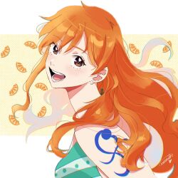1girl bare_shoulders bikini blush breasts brown_eyes commentary earrings food from_side fruit green_bikini highres jewelry kirakirame long_hair looking_at_viewer looking_to_the_side mandarin_orange medium_breasts nami_(one_piece) one_piece open_mouth orange_(fruit) orange_hair orange_slice pearl_earrings shoulder_tattoo signature smile solo swimsuit tattoo upper_body wavy_hair