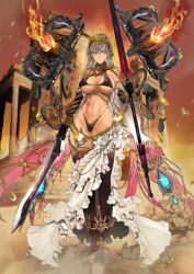 1girl arm_at_side asymmetrical_dual_wielding ball_and_chain_restraint black_bra black_gloves black_panties black_skirt black_thighhighs blue_eyes bound bound_legs bra bracelet breasts breasts_apart chain closed_mouth cuffs dark-skinned_female dark_skin dual_wielding dust elbow_gloves fate/grand_order fate_(series) fishnets flaming_weapon floating floating_object floating_weapon frilled_skirt frills full_body game_cg gloves gold_anklet gold_bracelet gold_chain gold_choker gold_tiara gradient_hair grey_hair groin hand_up high-low_skirt highleg highleg_panties holding holding_polearm holding_sword holding_weapon jewelry large_breasts layered_skirt long_hair long_skirt looking_to_the_side lowleg lowleg_skirt multicolored_hair navel nishiide_kengorou official_art panties pink_hair polearm revealing_clothes see-through_skirt_layer shackles shawl skirt solo standing stomach sword thighhighs third-party_source tiara toeless_legwear toned toned_female underboob underwear variant_set very_long_hair weapon white_shawl white_skirt zenobia_(fate)