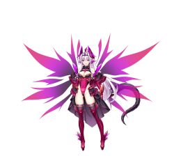 1girl abystia_dragoon bare_shoulders boots breasts cleavage cleavage_cutout clothing_cutout corruption covered_navel dark_persona dragon_girl dragon_horns dragon_tail energy_wings full_body game_cg gloves highleg highleg_leotard highres horns inoino kouyoku_senki_exs-tia large_breasts leotard long_hair looking_at_viewer medium_breasts non-web_source official_art pointy_ears pubic_tattoo red_eyes rieszverne_suzette_paladill showgirl_skirt solo tail tattoo thigh_boots thighhighs transparent_background variant_set very_long_hair white_hair wings