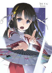 1girl 2016 artist_name bare_shoulders black_hair blue_eyes blunt_bangs blush chitose_yui dated detached_sleeves errant female_focus folding_fan glowing hand_fan long_hair long_sleeves looking_at_viewer magic nontraditional_miko open_mouth outstretched_arm ribbon ribbon-trimmed_sleeves ribbon_trim school_girl_strikers serious solo white_ribbon