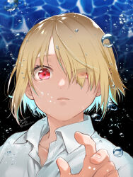 Rule 34 | 1girl, 2024, air bubble, blonde hair, bubble, close-up, collared shirt, commentary, dated, eyelashes, eyes visible through hair, floating hair, hair over one eye, hand up, heaven burns red, kayamori ruka, lips, long bangs, looking at viewer, misaki juri, parted lips, red eyes, shirt, short hair, signature, solo, twitter username, underwater, water, white shirt