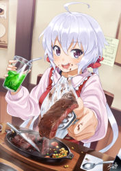 1girl :d ahoge bib bow commentary cup drinking_straw dutch_angle feeding female_focus food food_on_face fork hair_bow highres holding incoming_food knife long_hair open_mouth pov_feeding purple_eyes senki_zesshou_symphogear signature silver_hair smile solo spoon steak twintails tyuga yukine_chris