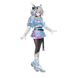 Rule 34 | 1girl, absurdres, ahoge, animal print, belt, blue eyes, blue streaks, boots, bow, breasts, cat print, choker, commission, commissioner upload, crossed bangs, eyelashes, full body, hair bow, hair ornament, highres, hood, hood down, hoodie, light smile, long bangs, long hair, long sleeves, looking at viewer, mechanical ears, multicolored hair, multiple belts, non-web source, original, pantyhose, petite, rhan, skirt, small breasts, streaked hair, thighhighs, thighs, transparent background, wavy hair, white hair, zipper