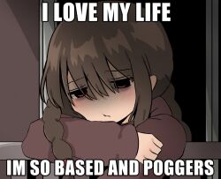 1girl 2022 based_(meme) blush braid brown_hair commentary english_commentary head_rest highres impact_(font) madotsuki meme red_eyes red_sweater sleepy snale solo sweater tagme twin_braids yume_nikki