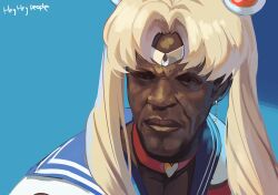 1boy bishoujo_senshi_sailor_moon blonde_hair blue_background blue_sailor_collar choker cosplay crossdressing dark-skinned_male dark_skin earrings english_text jewelry kongolo_nadiane looking_at_viewer male_focus meme mixed-language_commentary natori_youkai sailor_collar sailor_moon sailor_moon_(cosplay) sailor_moon_redraw_challenge_(meme) ssethtzeentach tiara twintails