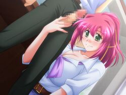 bow breasts erection fechi_chichi_kyonyuu_sensei_no_yuuwaku_jugyou green_eyes handjob huge_breasts jinguuji_nozomi long_hair non-web_source penis pink_hair ponytail purple_bow ribbon yamane_masahiro