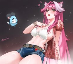 1girl absurdres adammaarr animal_ears belt bikini blue_shorts blush breasts brown_belt chattino_(raora_panthera) commentary fang hair_intakes hand_on_own_chest hashtag-only_commentary highres hololive hololive_english jewelry large_breasts long_hair looking_at_viewer multicolored_hair navel open_clothes open_mouth open_shirt panther_ears panther_girl pink_hair pink_lips plaid_clothes plaid_shirt raora_panthera red_shirt ring shirt short_sleeves shorts sparkle stomach streaked_hair swimsuit teeth thighs twitter_username two-tone_hair upper_teeth_only virtual_youtuber white_bikini yellow_eyes