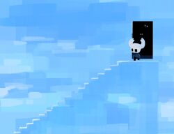 1other blue_cloak cloak full_body hollow_eyes hollow_knight horned_mask knight_(hollow_knight) mask parody rdif_hk solo stairs standing the_truman_show white_mask