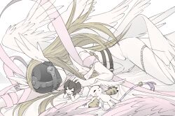 2girls angel_wings angewomon bare_shoulders blonde_hair bodysuit brown_hair cat child clothing_cutout covered_eyes digimon digimon_(creature) digimon_adventure evolutionary_line feathered_wings helmet helmet_over_eyes long_hair lying multiple_girls on_side on_stomach stomach_cutout tailmon u_emper white_bodysuit white_wings wings yagami_hikari