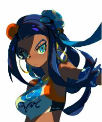 1girl armlet bikini black_hair blue_eyes blue_eyeshadow blue_hair breasts closed_mouth crop_top dark-skinned_female dark_skin earrings eyeshadow hair_bun highres hoop_earrings jewelry long_hair looking_at_viewer makeup multicolored_hair nessa_(pokemon) nintendo pokemon pokemon_swsh single_hair_bun solo swimsuit tankini two-tone_hair upper_body zs_(zero_sickkkzs)