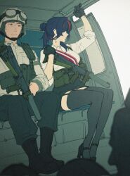 Rule 34 | 1boy, 1girl, boots, dangodes, dress shirt, earrings, film grain, garter straps, gloves, goggles, goggles on headwear, gun, gun sling, heavy film grain, helicopter interior, helmet, high heels, highres, jewelry, long hair, military, military uniform, multicolored hair, original, rifle, shirt, single earring, strappy heels, streaked hair, thighhighs, weapon