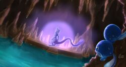 aura cave cave_interior commentary_request facing_away gen_1_pokemon in-universe_location lai_(pixiv1814979) lake legendary_pokemon mewtwo nintendo no_humans pokemon pokemon_(creature) poliwag ripples signature stairs stalactite stalagmite standing wet