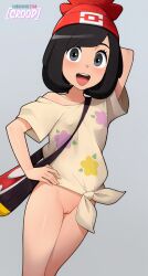 1girl :d artist_name bag beanie black_hair blush cleft_of_venus commentary covered_erect_nipples english_commentary gradient_background grey_background grey_eyes hand_on_own_hip hat highres loodncrood looking_at_viewer nintendo off-shoulder_shirt off_shoulder open_mouth pokemon pokemon_sm pussy red_hat selene_(pokemon) shirt short_hair short_sleeves shoulder_bag smile solo standing subscribestar_logo subscribestar_username thighs tied_shirt uncensored
