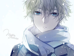 1boy blue_eyes commentary dated earrings eyes_visible_through_hair grey_hair grey_jacket hair_between_eyes highres jacket jewelry looking_at_viewer male_focus matsunaka_hiro original portrait scarf short_hair signature simple_background snowing solo stud_earrings white_background white_scarf