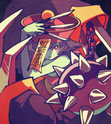 Rule 34 | 1girl, ball and chain (weapon), between fingers, blue skin, blush stickers, bright pupils, chinese clothes, closed mouth, colored skin, darkstalkers, hat, holding, holding knife, hsien-ko, jiangshi, knife, knives between fingers, looking at viewer, ofuda, ofuda on head, one eye covered, red eyes, short hair, solo, weapon, white pupils, yuza