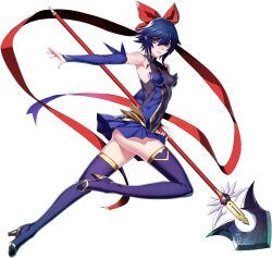 1girl ass ban!_(bansankan) bare_shoulders blue_hair boots bow breasts detached_sleeves dress full_body game_cg hair_between_eyes hair_bow hair_ribbon halberd high_heel_boots high_heels holding holding_weapon kagano_ai looking_at_viewer mahou_shoujo_ai official_art pleated_skirt polearm red_bow red_eyes red_ribbon ribbon short_hair skirt small_breasts solo spear thigh_boots thighhighs transparent_background weapon