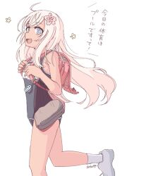 1girl ahoge alternate_costume backpack bag black_one-piece_swimsuit blonde_hair blue_eyes commentary_request competition_school_swimsuit cowboy_shot crime_prevention_buzzer flat_chest flower grey_shoes hair_flower hair_ornament highres kantai_collection one-piece_swimsuit randoseru ro-500_(kancolle) running school_swimsuit shoes simple_background socks solo swimsuit tatahai translation_request white_background white_socks