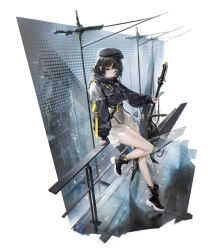 1girl absurdres black_eyes black_hair black_jacket black_leotard black_shoes closed_mouth full_body glass highres holding holding_umbrella jacket leotard looking_at_viewer original see-through_clothes see-through_skirt shoes short_hair skirt solo umbrella white_skirt youngmoon_99