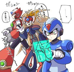 Rule 34 | 3boys, android, armor, axl (mega man), black armor, black helmet, blonde hair, blue armor, blue helmet, brown hair, character name, chest jewel, closed eyes, commentary request, forehead jewel, full body, group picture, helmet, highres, holding, holographic interface, long hair, male focus, mega man (series), mega man x (series), meshiuma0x, multiple boys, red armor, red helmet, shoulder armor, simple background, smirk, speech bubble, spiked hair, sweat, translation request, white background, x (mega man), zero (mega man)