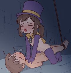 1boy 1girl a_hat_in_time bdsm bondage boots bound brown_hair cape casytay closed_eyes commentary commission cowgirl_position cum cum_in_pussy cum_overflow english_commentary femdom flat_chest girl_on_top hat hat_kid hetero highres kodomo_doushi loli lolidom one_eye_closed open_mouth penis pixiv_commission ponytail purple_boots purple_hat pussy restrained sex short_hair shota shrug_(clothing) straddling thigh_boots top_hat uncensored vaginal yellow_cape