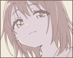 1girl :3 black_border border brown_eyes brown_hair brown_shirt closed_mouth from_below grey_background highres light_smile looking_at_viewer namori original shade shirt short_hair simple_background solo