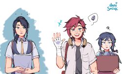 3girls :d absurdres alternate_universe arcane:_league_of_legends bandaged_hand bandages bandaid bandaid_on_cheek bandaid_on_face black_vest braid brown_necktie caitlyn_(league_of_legends) collared_shirt cupcake danismilek food hand_up highres jinx_(league_of_legends) league_of_legends multiple_girls necktie open_clothes open_mouth open_shirt powder_(arcane) shirt single_braid smile spoken_food squiggle teeth upper_teeth_only vest vi_(league_of_legends)