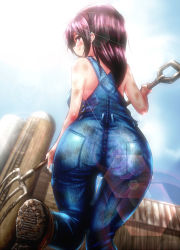 1girl ass back bad_id bad_pixiv_id bare_shoulders black_hair brown_eyes brown_hair dirty dirty_clothes dirty_face farm farmer female_focus from_behind light_particles light_rays long_hair looking_at_viewer looking_back naked_overalls original overalls pitchfork saodake sky solo sweat worktool
