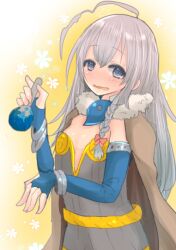 Rule 34 | 1girl, ahoge, ajie (sura-kun), alchemist (ragnarok online), blue gloves, blush, braid, breasts, brown cape, cape, commentary request, dress, elbow gloves, fingerless gloves, flask, fur collar, gloves, grey dress, grey eyes, grey hair, huge ahoge, long hair, looking at viewer, open mouth, potion, ragnarok online, round-bottom flask, side braid, single braid, small breasts, smile, solo, strapless, strapless dress, yellow background