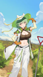 1girl absurdres admiral_nakhimov_(a_fresh_green_day)_(azur_lane) admiral_nakhimov_(azur_lane) animal_ear_headwear animal_hat azur_lane badge belt belt_pouch black_tank_top blue_sky blush breasts brown_shirt button_badge cat_hat cleavage cleavage_cutout clothes_writing clothing_cutout cloud coat commentary_request crop_top day detached_sleeves fake_animal_ears farmer feet_out_of_frame field flower gloves gloves_over_sleeves grass green_hair green_jacket green_sleeves hair_between_eyes hand_on_headwear hand_up hat hat_flower highres hood hooded_jacket jacket large_breasts leaf midriff mixed-language_commentary mountainous_horizon navel official_alternate_costume open_clothes open_coat open_jacket orange_eyes orange_gloves outdoors pants ping_zhong_yu pocket pouch ribbon shirt short_hair short_sleeves shovel sidelocks sky smile solo standing stomach sun_hat sweat tank_top two-sided_fabric two-sided_headwear two-sided_jacket white_jacket white_pants yellow_flower