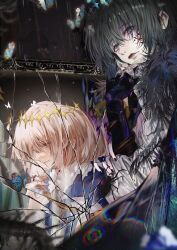 2boys aaa11826 absurdres arthropod_boy arthropod_limbs black_hair blanca_(fate) blonde_hair blood blood_on_face blue_eyes broken_mirror bug butterfly cape crack cracked_glass crown diamond_hairband dual_persona fate/grand_order fate_(series) fur-trimmed_cape fur_trim highres insect insect_on_finger insect_wings male_focus medium_hair mirror moth multiple_boys oberon_(fate) oberon_(first_ascension)_(fate) oberon_(third_ascension)_(fate) shirt smile spider white_shirt wings worm