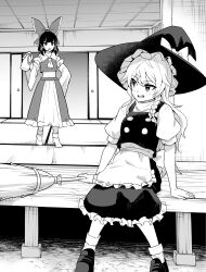 2girls absurdres apron ascot blush bow braid broom commentary_request detached_sleeves frilled_bow frilled_hair_tubes frills fusuma greyscale hair_bow hair_tubes hakurei_reimu hat hat_bow highres holding kirisame_marisa long_hair midriff monochrome multiple_girls navel okeyadeokya open_mouth puffy_short_sleeves puffy_sleeves shoes short_sleeves side_braid single_braid sitting sliding_doors smile socks tatami touhou very_long_hair vest waist_apron witch_hat