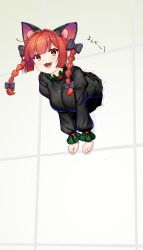 1girl animal_ears braid breasts cat_ears cat_girl fang hataraki_kuma highres kaenbyou_rin open_mouth red_hair solo through_wall touhou