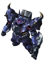 Rule 34 | clenched hand, from above, glowing, glowing eye, gouf, gundam, highres, horns, mecha, mecha focus, mobile suit, mobile suit gundam, one-eyed, paintedmike, pink eyes, robot, shoulder spikes, single horn, solo, spikes, white background, zeon