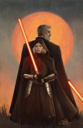 1boy 1girl artist_name back-to-back baylan_skoll beard black_cloak black_gloves black_hood black_tunic cloak energy_sword facial_hair gloves grey_hair highres holding holding_sword holding_weapon hood hooded_cloak jr_bartok lightsaber orange_lightsaber shin_hati short_hair signature star_wars star_wars:_ahsoka sun sword tunic vambraces weapon white_hair