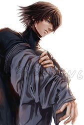 Rule 34 | 1boy, artist name, black jacket, blue eyes, brown hair, caim (drag-on dragoon), commentary request, drag-on dragoon, drag-on dragoon 1, highres, jacket, male focus, sa bakan6, short hair, simple background, solo, standing, turtleneck, turtleneck jacket, watermark, white background