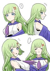 +++ ... 1girl =_= ? arms_at_sides assault_lily bare_shoulders blue_eyes blunt_bangs blush breasts closed_eyes closed_mouth commentary_request cropped_torso facing_viewer from_side green_hair grin hair_ornament hairclip highres jacket kawabata_hotaru long_hair looking_ahead looking_at_viewer looking_down looking_to_the_side medium_breasts multiple_views neckerchief notice_lines odaiba_girls_high_school_uniform off_shoulder parted_lips profile purple_jacket purple_neckerchief purple_sailor_collar sailor_collar school_uniform serafuku shirt simple_background sleeveless sleeveless_shirt smile speech_bubble spoken_ellipsis spoken_question_mark sweatdrop v-shaped_eyebrows washi-san white_background white_shirt