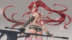 1girl 3d anti-materiel_rifle ass back belt bikini bikini_top_only bracelet breasts commentary english_commentary flame_print from_behind gun hair_ornament highres lips long_hair looking_at_viewer no_shirt pink_thighhighs ponytail red_hair rifle scarf skull_hair_ornament sniper_rifle solo striped_clothes striped_scarf studded_belt studded_bracelet swimsuit tengen_toppa_gurren_lagann thighhighs ucupumar very_long_hair weapon wedgie yoko_littner