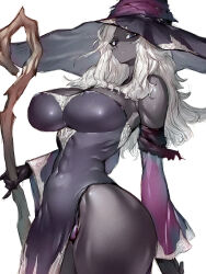 1girl bare_shoulders black_dress black_skin breasts cameltoe cleavage colored_eyelashes colored_skin covered_erect_nipples dark-skinned_female dark_skin dress elden_ring elden_ring_nightreign fumio_(rsqkr) hat hat_over_eyes hat_over_one_eye highres holding huge_breasts large_breasts large_hat long_hair looking_at_viewer narrow_waist navel purple_hat purple_sleeves recluse_(elden_ring) simple_background solo thick_thighs thighs very_dark_skin white_background white_eyelashes white_hair wide_hips witch witch_hat wooden_staff