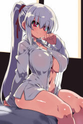 1girl blush bottomless breasts closed_mouth curvy eyebrows_hidden_by_hair from_side groin hair_between_eyes hair_tie highres large_breasts long_hair naked_shirt navel on_bed original partially_unbuttoned ponytail red_eyes shadow shirt sideboob sitting smile solo stomach thick_thighs thighs tsukinoha_mio very_long_hair white_hair